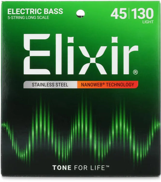 Elixir Nanoweb Electric Bass Guitar Strings Stainless Steel - .045-.130 Light Long Scale, 5-string