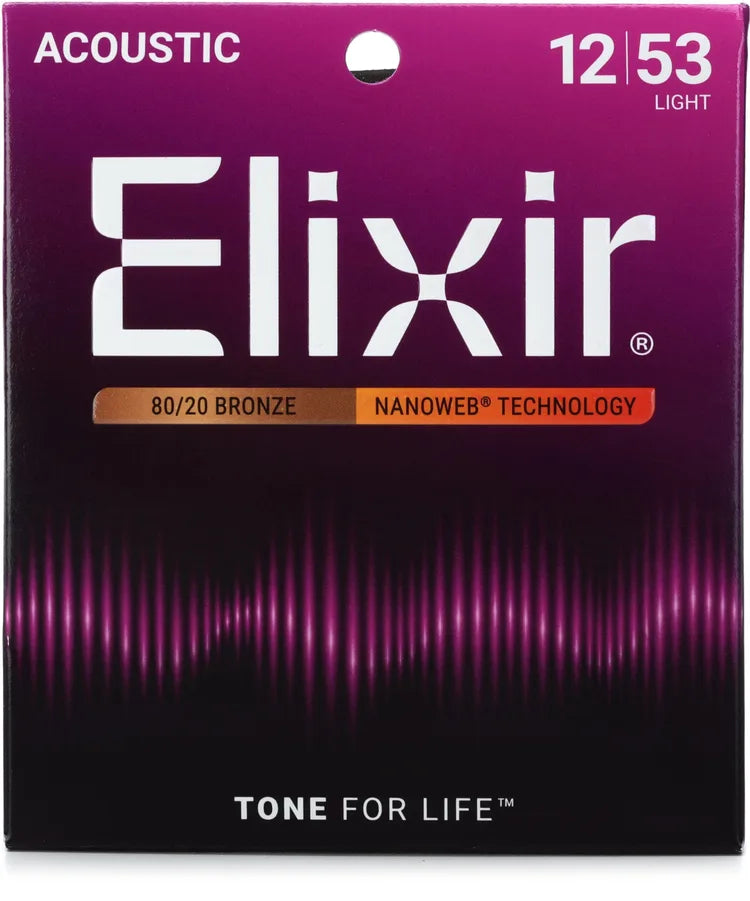 Elixir Nanoweb 80/20 Bronze Acoustic Guitar Strings - .012-.053 Light