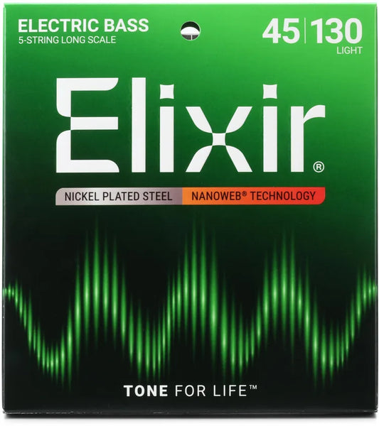 Elixir Nanoweb Electric Bass Guitar Strings Nickel Plated Steel - .045-.130 Light Long Scale, 5-string